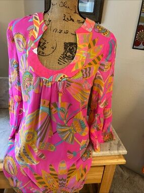 Trina Turk Hot Pink Multicolor Printed Long-Sleeve Mini Dress 6!